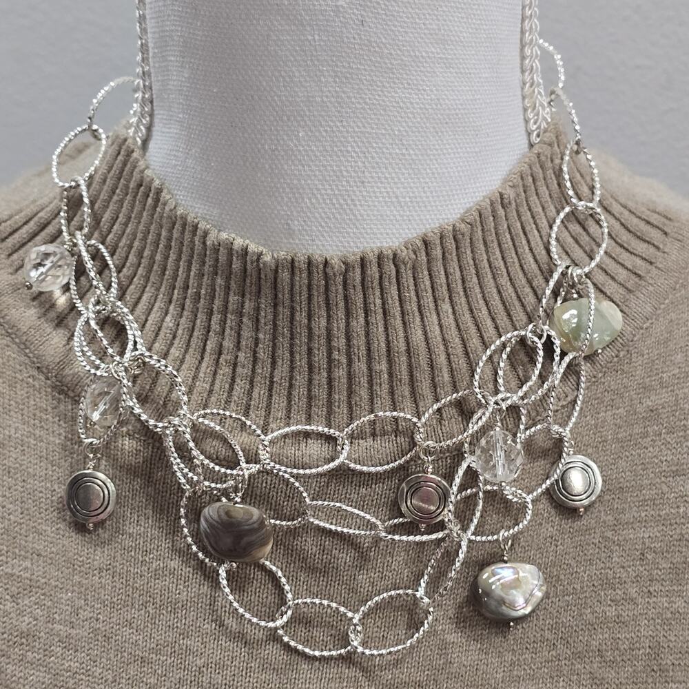 Beachcore Abalone Shell Clear Faceted Beads Charms Silver Tone Chain Necklace